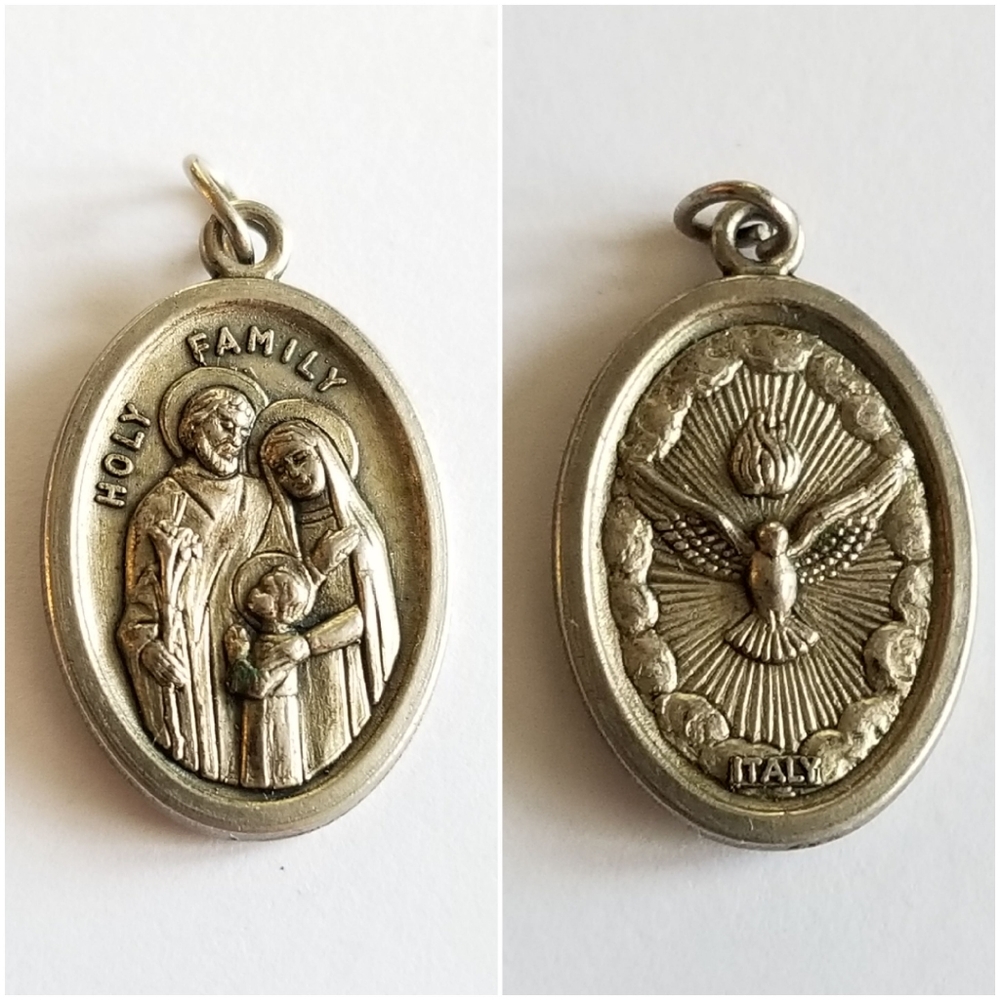 Vintage Holy Family medal pendant silver tone Catholic christian religious
